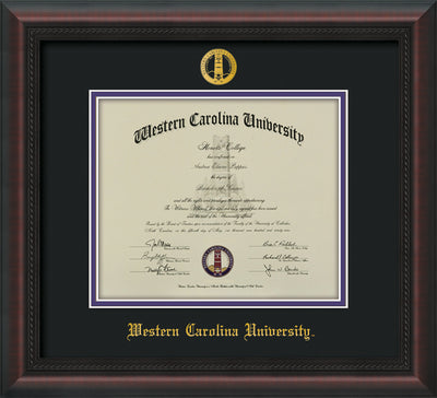 Image of Western Carolina University Diploma Frame - Mahogany Braid - w/Embossed Seal & Name - Black on Purple mats