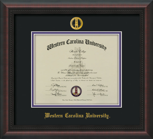 Image of Western Carolina University Diploma Frame - Mahogany Braid - w/Embossed Seal & Name - Black on Purple mats