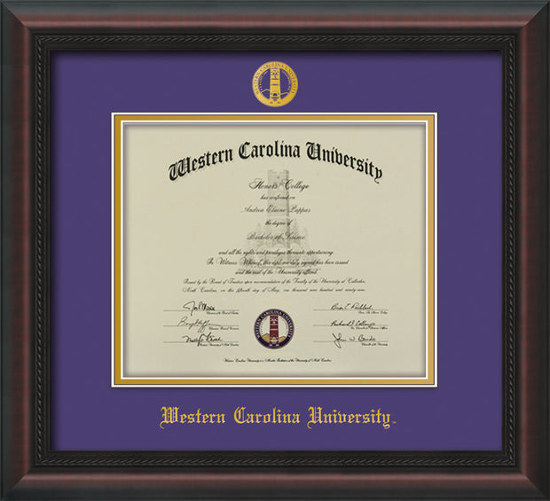 Image of Western Carolina University Diploma Frame - Mahogany Braid - w/Embossed Seal & Name - Purple on Gold mats