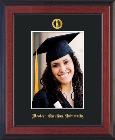 Image of Western Carolina University 5 x 7 Photo Frame - Cherry Reverse - w/Official Embossing of WCU Seal & Name - Single Black mat