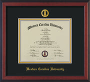 Image of Western Carolina University Diploma Frame - Cherry Reverse - w/Embossed Seal & Name - Black on Gold mats
