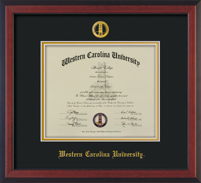 Image of Western Carolina University Diploma Frame - Cherry Reverse - w/Embossed Seal & Name - Black on Gold mats