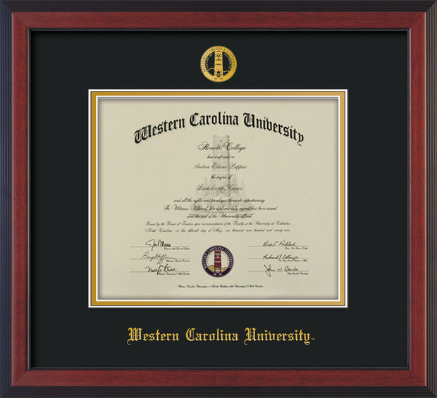 Image of Western Carolina University Diploma Frame - Cherry Reverse - w/Embossed Seal & Name - Black on Gold mats