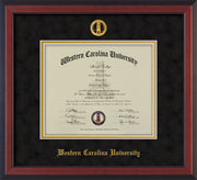 Image of Western Carolina University Diploma Frame - Cherry Reverse - w/Embossed Seal & Name - Black Suede on Gold mats