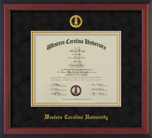 Image of Western Carolina University Diploma Frame - Cherry Reverse - w/Embossed Seal & Name - Black Suede on Gold mats