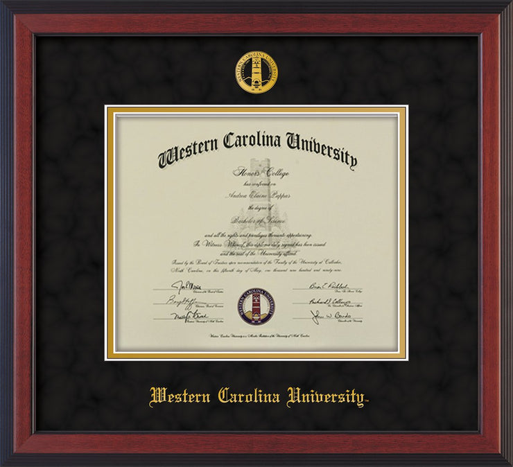 Image of Western Carolina University Diploma Frame - Cherry Reverse - w/Embossed Seal & Name - Black Suede on Gold mats