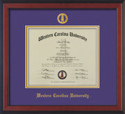 Image of Western Carolina University Diploma Frame - Cherry Reverse - w/Embossed Seal & Name - Purple on Gold mats