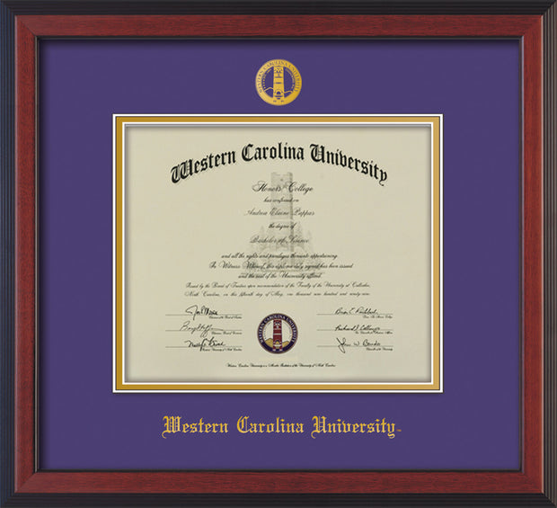 Image of Western Carolina University Diploma Frame - Cherry Reverse - w/Embossed Seal & Name - Purple on Gold mats