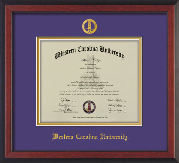 Image of Western Carolina University Diploma Frame - Cherry Reverse - w/Embossed Seal & Name - Purple on Gold mats