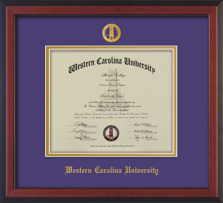 Image of Western Carolina University Diploma Frame - Cherry Reverse - w/Embossed Seal & Name - Purple on Gold mats