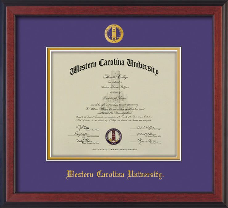 Image of Western Carolina University Diploma Frame - Cherry Reverse - w/Embossed Seal & Name - Purple on Gold mats