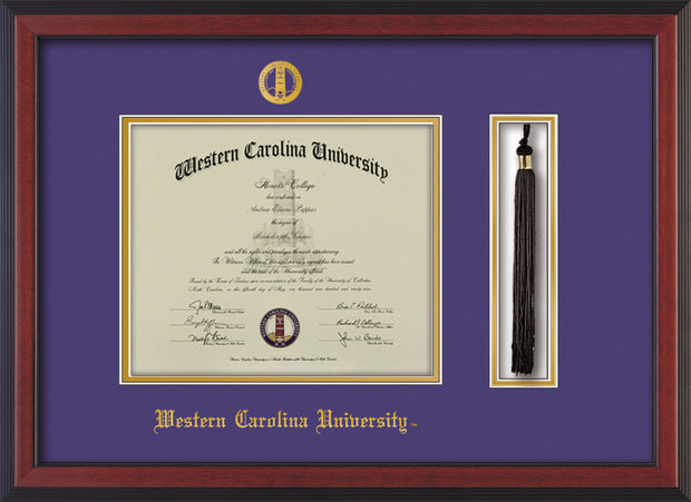 Image of Western Carolina University Diploma Frame - Cherry Reverse - w/Embossed Seal & Name - Tassel Holder - Purple on Gold mats