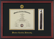 Image of Western Carolina University Diploma Frame - Cherry Reverse - w/Embossed Seal & Name - Tassel Holder - Black on Gold mats