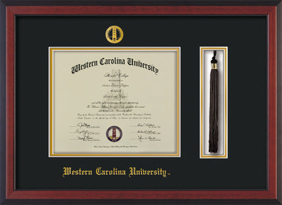 Image of Western Carolina University Diploma Frame - Cherry Reverse - w/Embossed Seal & Name - Tassel Holder - Black on Gold mats