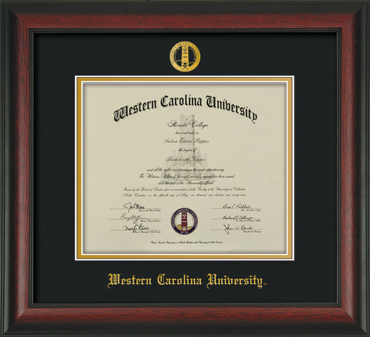 Image of Western Carolina University Diploma Frame - Rosewood - w/Embossed Seal & Name - Black on Gold mats