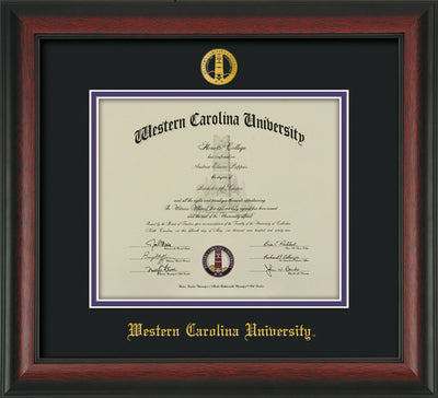 Image of Western Carolina University Diploma Frame - Rosewood - w/Embossed Seal & Name - Black on Purple mats