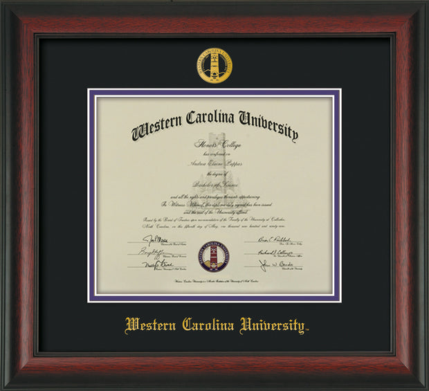 Image of Western Carolina University Diploma Frame - Rosewood - w/Embossed Seal & Name - Black on Purple mats