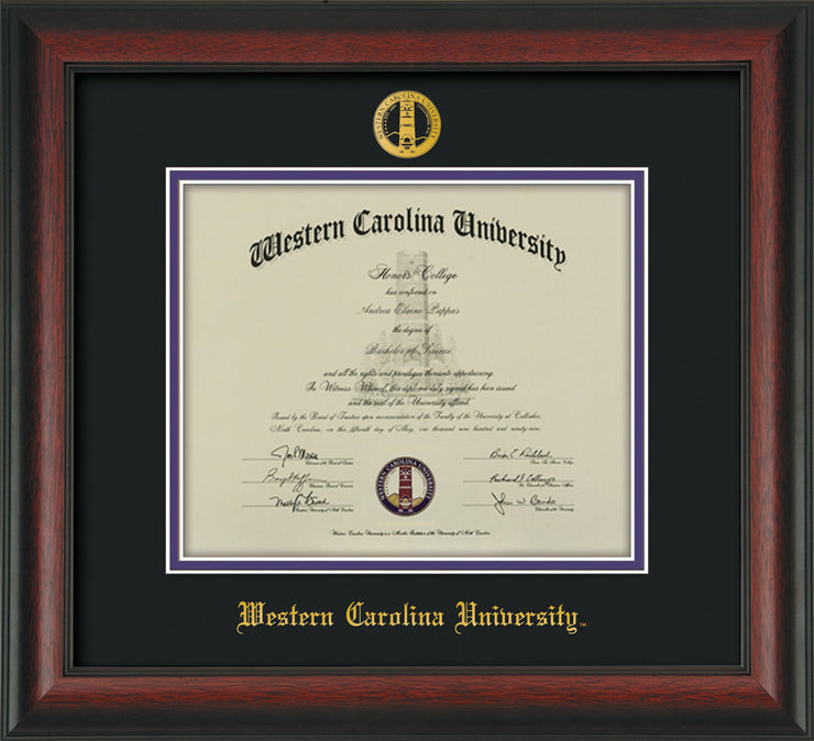 Image of Western Carolina University Diploma Frame - Rosewood - w/Embossed Seal & Name - Black on Purple mats