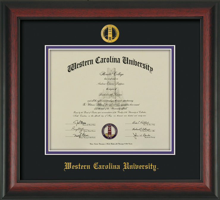 Image of Western Carolina University Diploma Frame - Rosewood - w/Embossed Seal & Name - Black on Purple mats