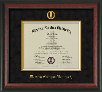 Image of Western Carolina University Diploma Frame - Rosewood - w/Embossed Seal & Name - Black Suede on Gold mats