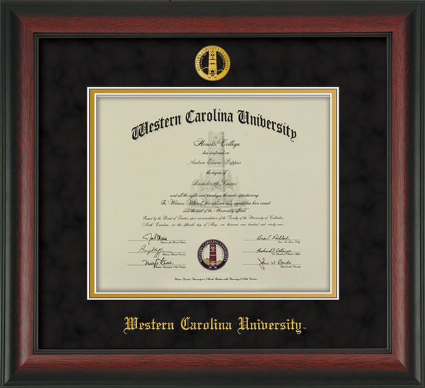 Image of Western Carolina University Diploma Frame - Rosewood - w/Embossed Seal & Name - Black Suede on Gold mats