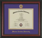 Image of Western Carolina University Diploma Frame - Rosewood - w/Embossed Seal & Name - Purple on Gold mats