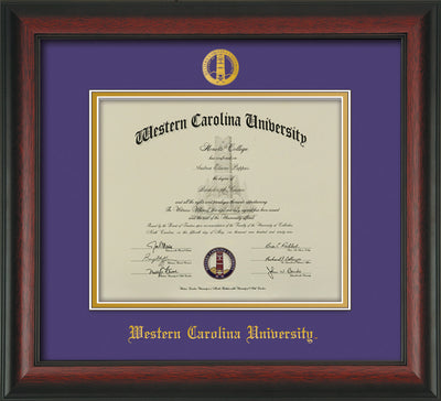 Image of Western Carolina University Diploma Frame - Rosewood - w/Embossed Seal & Name - Purple on Gold mats