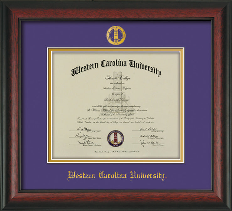Image of Western Carolina University Diploma Frame - Rosewood - w/Embossed Seal & Name - Purple on Gold mats
