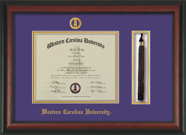 Image of Western Carolina University Diploma Frame - Rosewood - w/Embossed Seal & Name - Tassel Holder - Purple on Gold mats