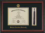 Image of Western Carolina University Diploma Frame - Rosewood - w/Embossed Seal & Name - Tassel Holder - Black on Gold mats