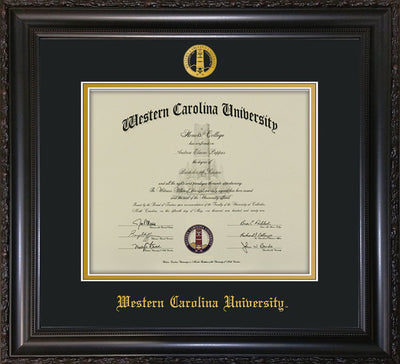 Image of Western Carolina University Diploma Frame - Vintage Black Scoop - w/Embossed Seal & Name - Black on Gold mats