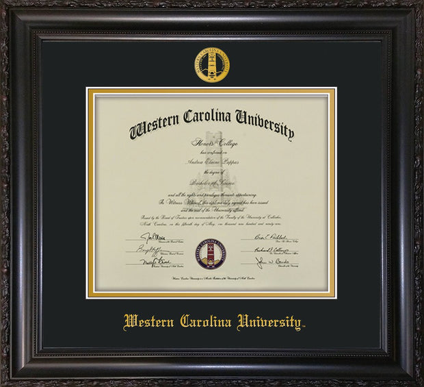 Image of Western Carolina University Diploma Frame - Vintage Black Scoop - w/Embossed Seal & Name - Black on Gold mats