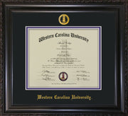 Image of Western Carolina University Diploma Frame - Vintage Black Scoop - w/Embossed Seal & Name - Black on Purple mats