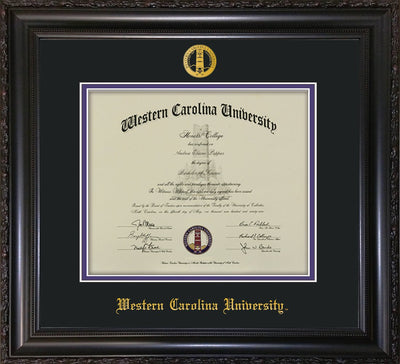 Image of Western Carolina University Diploma Frame - Vintage Black Scoop - w/Embossed Seal & Name - Black on Purple mats
