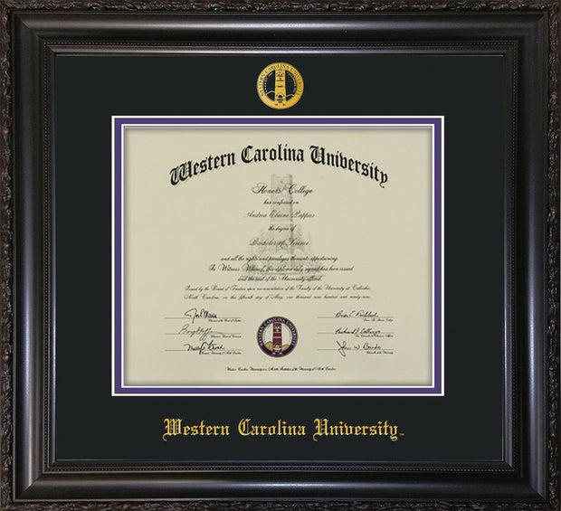 Image of Western Carolina University Diploma Frame - Vintage Black Scoop - w/Embossed Seal & Name - Black on Purple mats