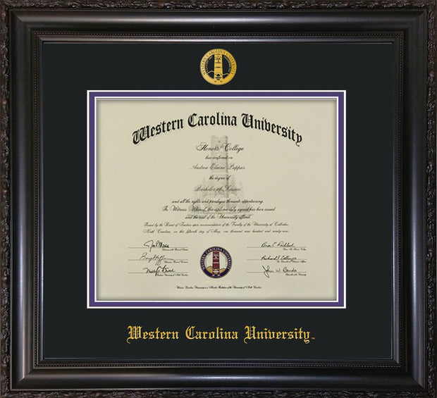 Image of Western Carolina University Diploma Frame - Vintage Black Scoop - w/Embossed Seal & Name - Black on Purple mats