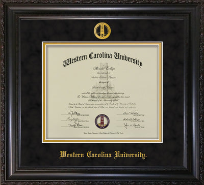 Image of Western Carolina University Diploma Frame - Vintage Black Scoop - w/Embossed Seal & Name - Black Suede on Gold mats