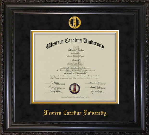 Image of Western Carolina University Diploma Frame - Vintage Black Scoop - w/Embossed Seal & Name - Black Suede on Gold mats