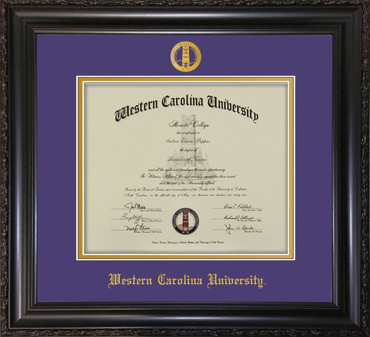 Image of Western Carolina University Diploma Frame - Vintage Black Scoop - w/Embossed Seal & Name - Purple on Gold mats