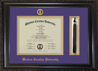 Image of Western Carolina University Diploma Frame - Vintage Black Scoop - w/Embossed Seal & Name - Tassel Holder - Purple on Gold mats