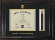 Image of Western Carolina University Diploma Frame - Vintage Black Scoop - w/Embossed Seal & Name - Tassel Holder - Black on Gold mats