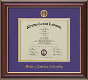 Image of Western Carolina University Diploma Frame - Cherry Lacquer - w/Embossed Seal & Name - Purple on Gold mats