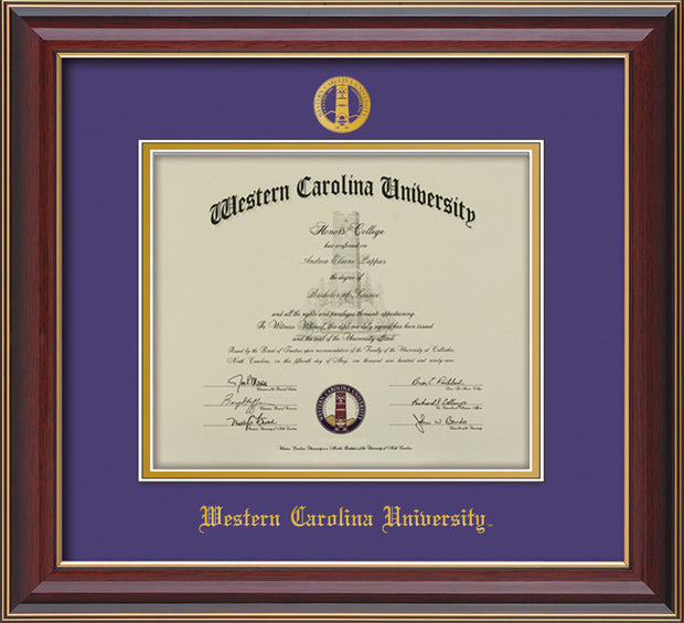 Image of Western Carolina University Diploma Frame - Cherry Lacquer - w/Embossed Seal & Name - Purple on Gold mats