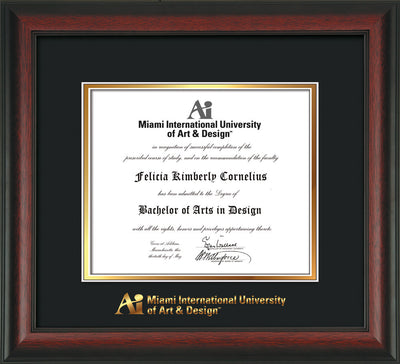 Image of Miami International University of Art & Design Diploma Frame - Rosewood - w/Embossed MIUAD School Name Only - Black on Gold mat
