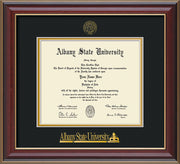 Image of Albany State University Diploma Frame - Cherry Lacquer - w/Embossed Albany Seal & Name - Black on Gold mat