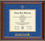 Image of Albany State University Diploma Frame - Cherry Lacquer - w/Embossed Albany Seal & Name - Royal Blue Suede on Gold mat