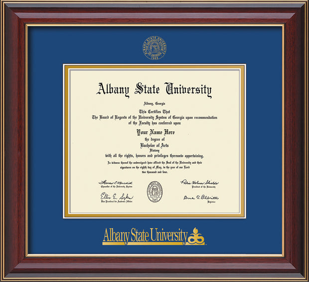 Image of Albany State University Diploma Frame - Cherry Lacquer - w/Embossed Albany Seal & Name - Royal Blue on Gold mat
