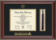 Image of Albany State University Diploma Frame - Cherry Lacquer - w/Embossed Albany Seal & Name - Tassel Holder - Black on Gold mat
