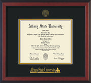 Image of Albany State University Diploma Frame - Cherry Reverse - w/Embossed Albany Seal & Name - Black on Gold mat