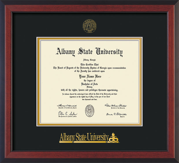 Image of Albany State University Diploma Frame - Cherry Reverse - w/Embossed Albany Seal & Name - Black on Gold mat